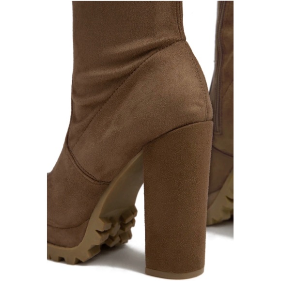 Light Brown Faux Suede Stretchy Thigh High Lug Boots - Picture 2 of 9